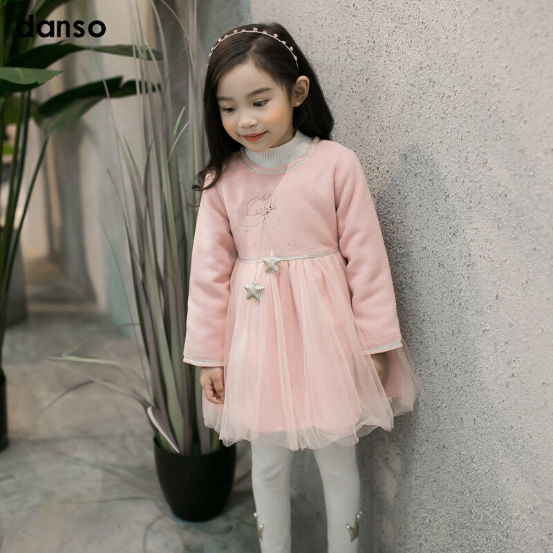 Korean version of children's clothing danso special cabinet autumn and winter girls plus cotton foreign dress children pink princess dresses long sleeves