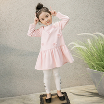 danso Korean childrens dress girl long sleeve dress spring dress new girl with dress pink princess flowers