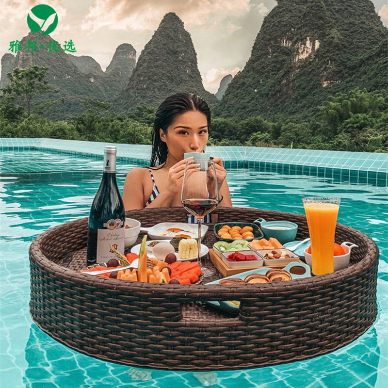 Rattan Floating Round Water Tray Bali Vietnam Popular Basket Homestay Hotel Swimming Pool Serving Tray Beach
