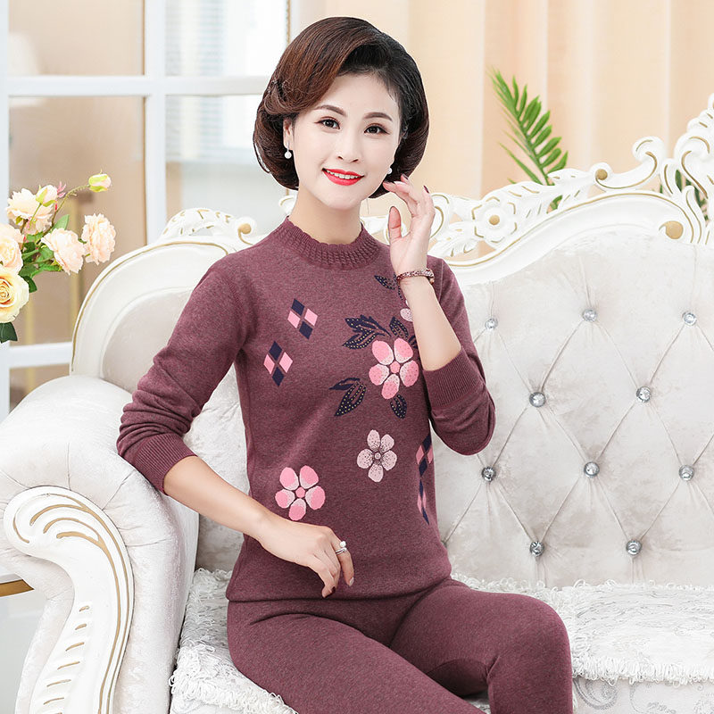 Middle-aged and elderly plus velvet padded thermal underwear set ladies cotton middle collar autumn clothing sanitary pants large size mother warm clothing