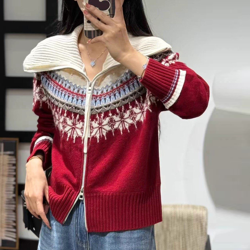 Ordos City 2025 Autumn/Winter Fair Isle Jacquard Cashmere Sweater Women's Cardigan Atmospheric New Year Red Sweater Coat