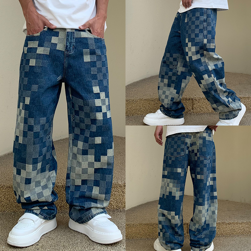 Paris L/V Mosaic Checkered Jeans for Men, Light Luxury Trendy Brand, Straight Loose Fit, Summer Men's Plaid Pants