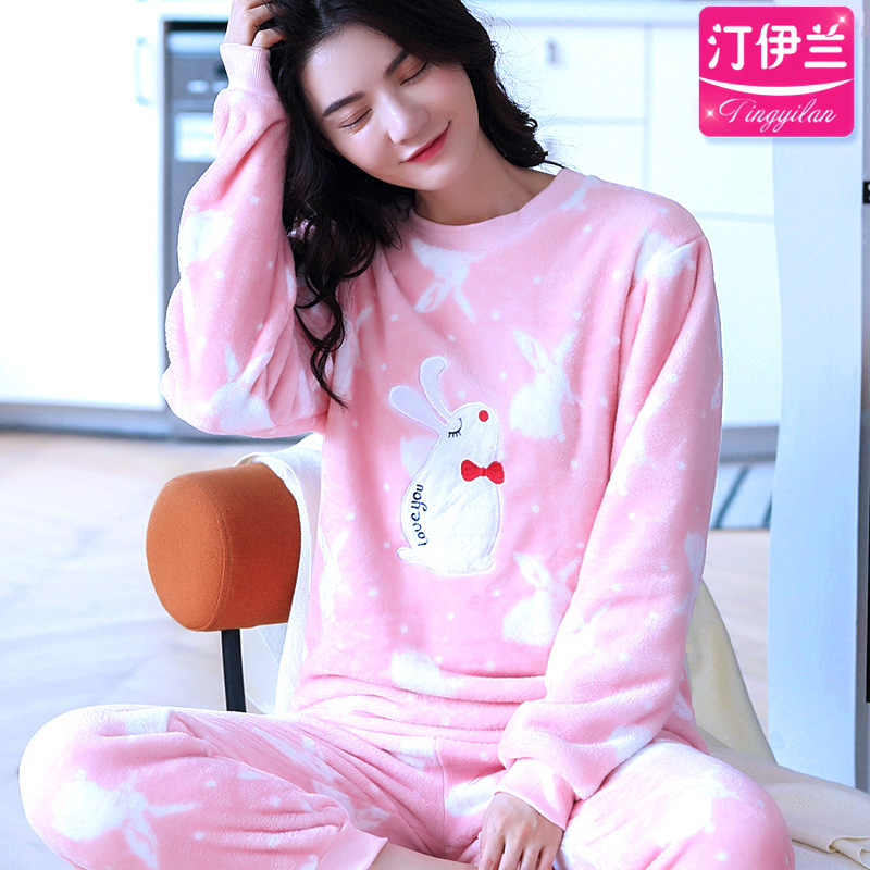 Pajama womens bích nhung bộ đồ phù hợp với gia đình mùa thu và áo dài tay mùa đông cộng với dày nhung san hô vòng cổ áo che mùa đông mưa đá khỉ.