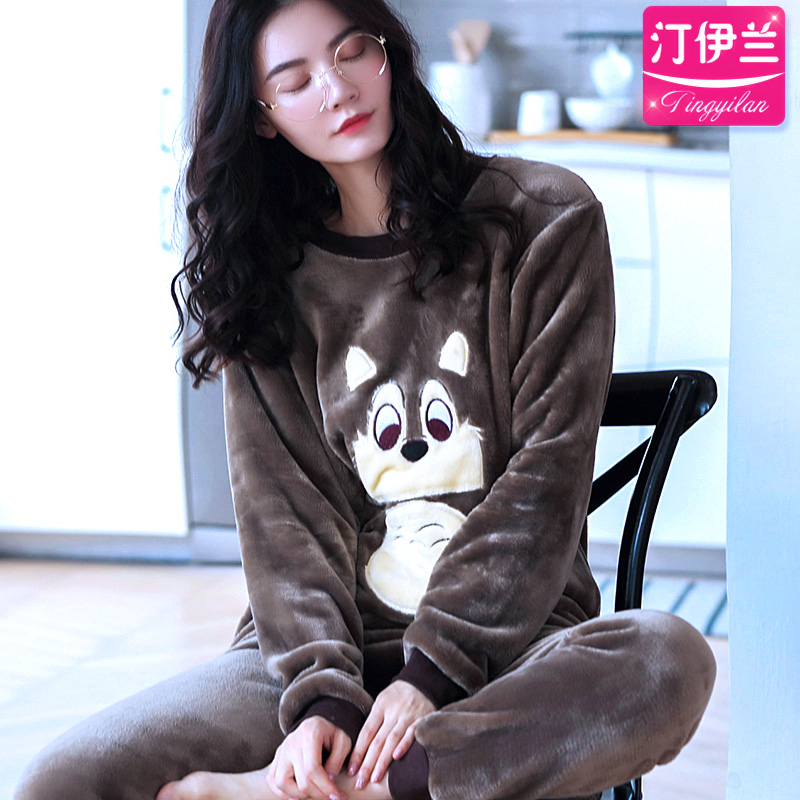 Pajama womens bích nhung bộ đồ phù hợp với gia đình mùa thu và áo dài tay mùa đông cộng với dày nhung san hô vòng cổ áo che mùa đông mưa đá khỉ.