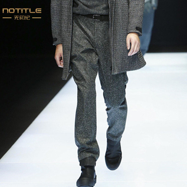 Men Casual Pants Winter New High-end Cashmere Big Cards Business Easing Thickened Straight Drum Wool Pants Hair Pants