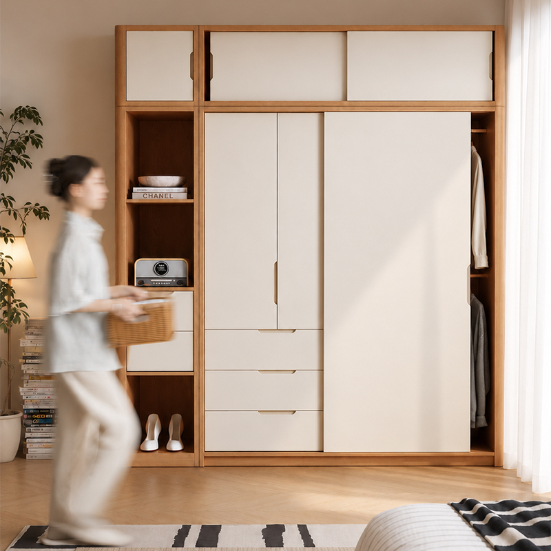 Cream-Style Solid Wood Sliding Door Wardrobe Combination for Home Bedroom, Modern Simple Oak Sliding Door Storage Wardrobe Cream-Style Solid Wood Sliding Door Wardrobe Combination for Home Bedroom, Modern Simple Oak Sliding Door Storage Wardrobe