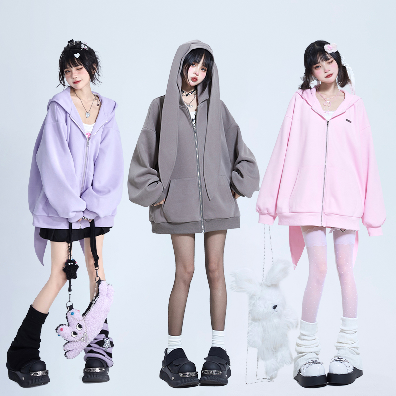 [in Stock] 11Sh97 Cute Bunny Ear Hooded Sweatshirt for Women, New Autumn Oversize Loose Jacket