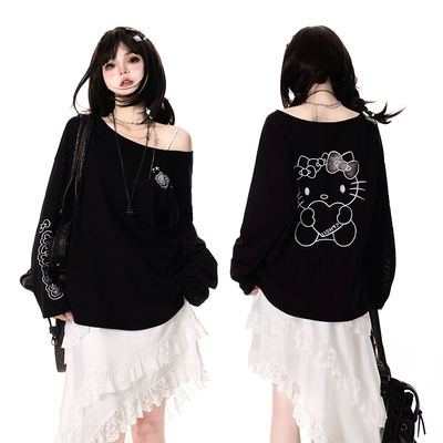 11SH97 Hollowed-out kt Cat off-the-shoulder long-sleeved T-shirt for women, sweet, spicy, loose, slimming, sun-protective and lazy smock top for summer
