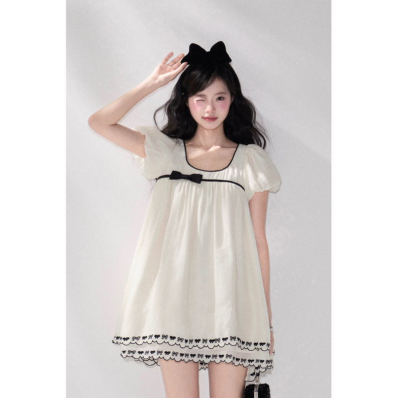 11Sh97 Gentle First Love Style Contrasting Color Bow Puff Sleeve Babydoll Dress for Women, Summer Loose Slimming Dress 11Sh97 Gentle First Love Style Contrasting Color Bow Puff Sleeve Babydoll Dress for Women, Summer Loose Slimming Dress