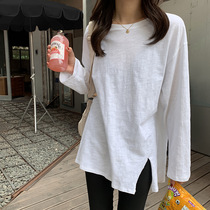  Japan sly2020 early spring new basic solid color casual round neck top hem split long-sleeved T-shirt women
