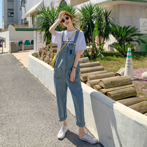  Japan SLY ripped denim bib pants womens spring and summer loose thin Western style age-reducing straight tube wide leg tide