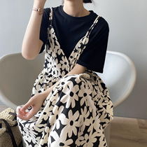 Japan 2021 new French style short sleeves Broken Flower Harnesses one-piece dress Two sets with gentle wind and long dresses