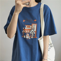 Japan SLY2021 Summer pure cotton short sleeve T-shirt female printed pattern loose and thin round collar casual blouse