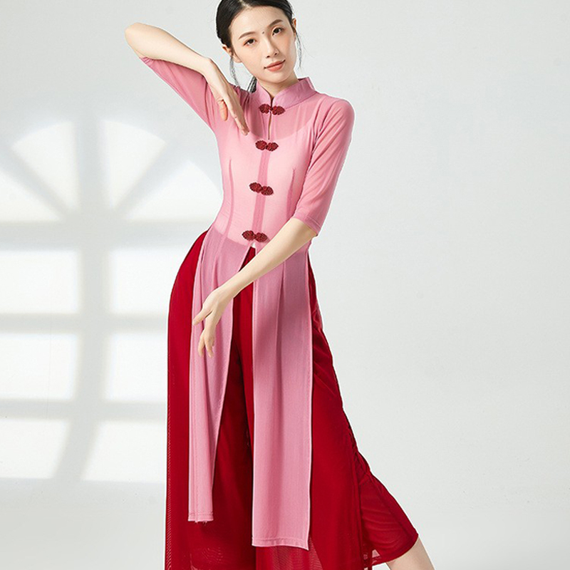 Classical dance body rhyme long version of gauze Chinese cheongsam collar slit elegant dance clothes teacher mesh yoga practice clothes