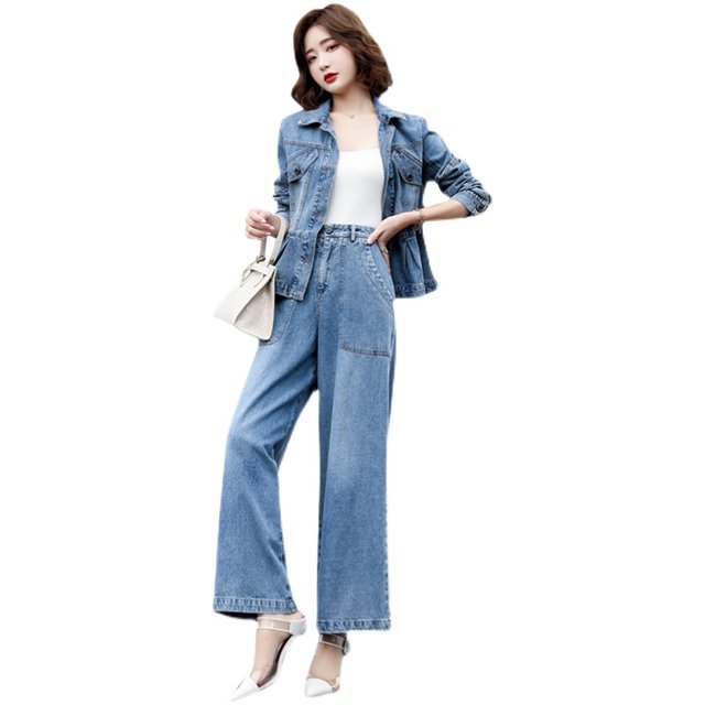 Denim suit women's spring and autumn Korean version 2022 new age-reducing fashion temperament two-piece casual wide-leg pants