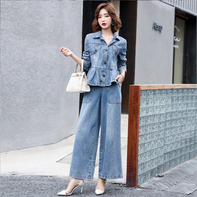 Denim suit women's spring and autumn Korean version 2022 new age-reducing fashion temperament two-piece casual wide-leg pants