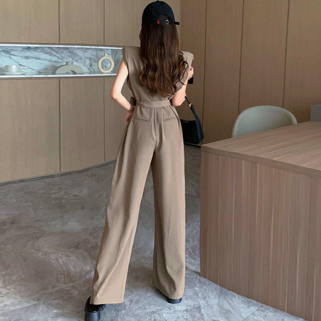 High-end suit jumpsuit trousers sleeveless shoulder pad jumpsuit women's summer wide-legged drape slim temperament fashion thin section