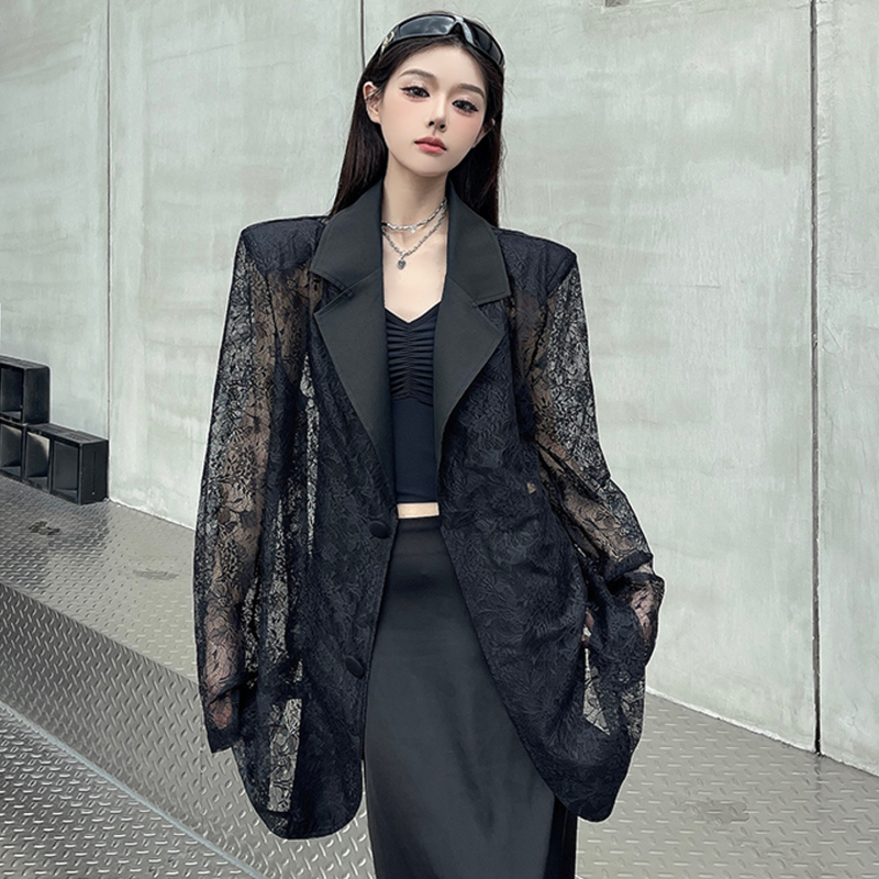 Black Jacquard Lace See-Through Hollow-Out Dark Style Mature Sexy Blazer for Women, Summer Thin Sun-Protective Suit