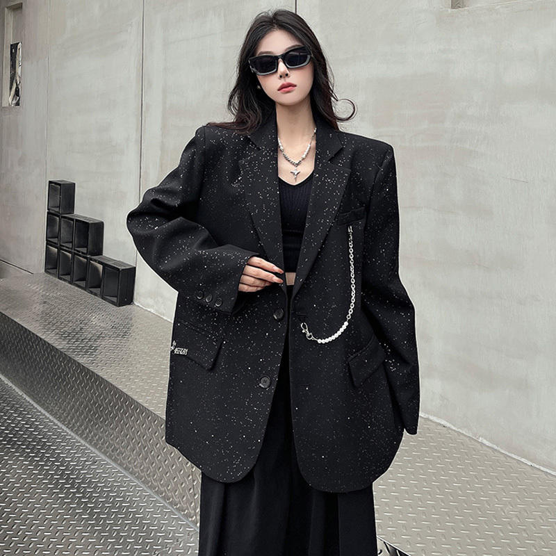 Black Oversized Shoulder-Padded Blazer for Women, Starry Sequin Suit, Cool and Loose, Casual, Stylish and Eye-Catching Black Oversized Shoulder-Padded Blazer for Women, Starry Sequin Suit, Cool and Loose, Casual, Stylish and Eye-Catching