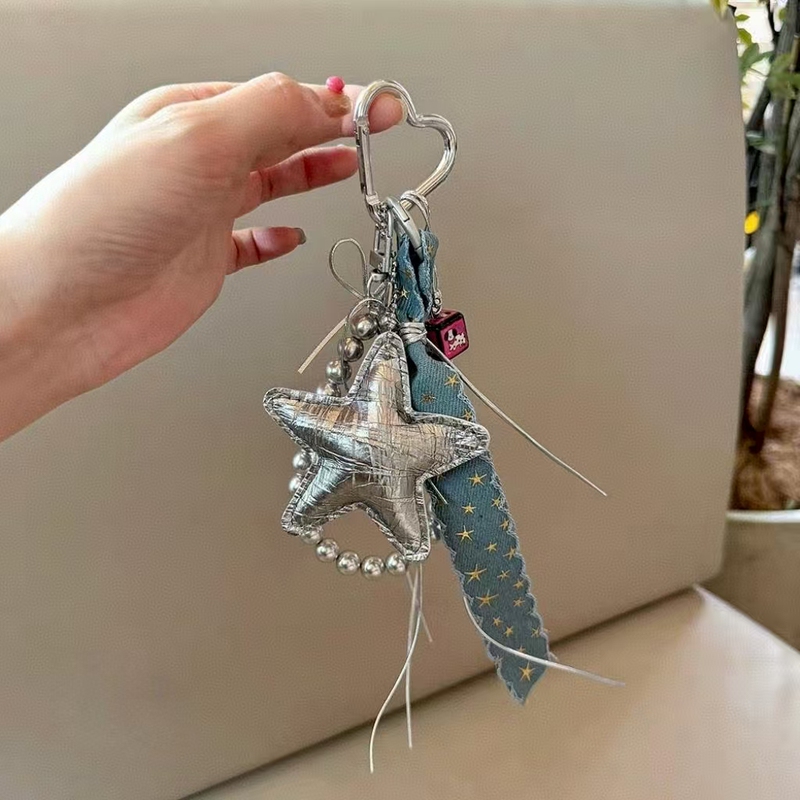 Retro Sweet Cool Denim Blue Silver Star Bag Pendant School Bag Hanging Chain Keychain Decoration