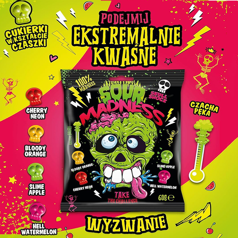 American Sour Madness - Crazy Sour Skull Shock Candy Strong Sour Flavor Awakening Snack 60g