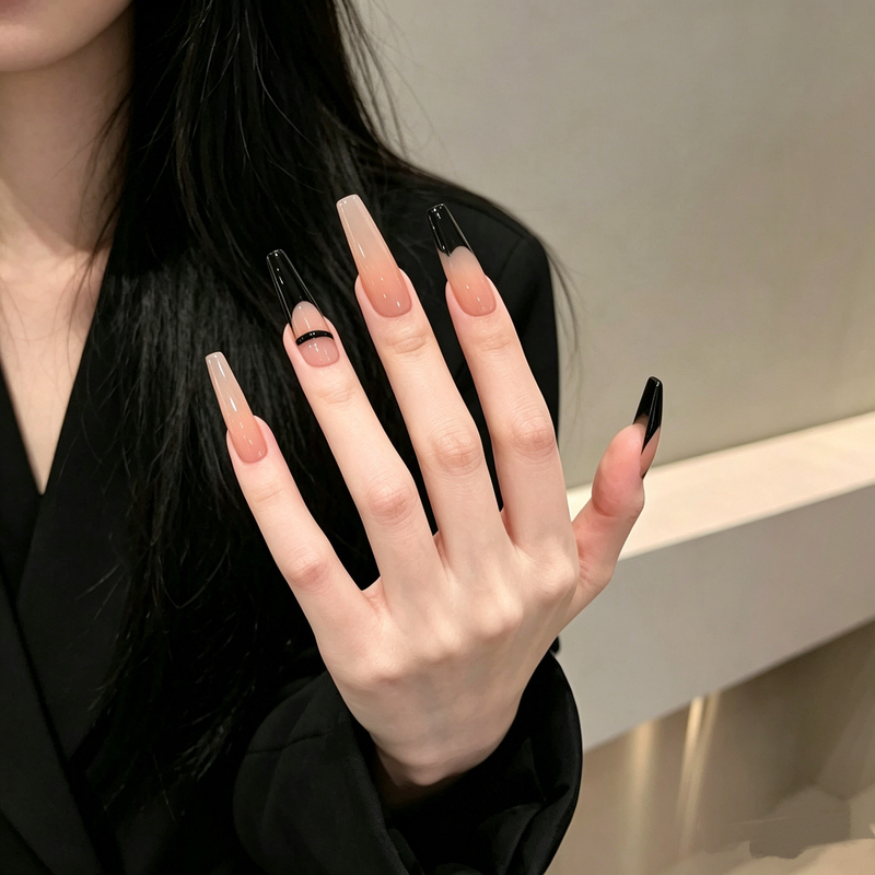 Handmade Wearable Nails, Black Color That Enhances Complexion, Long French Nude Style, Everyday Style, Suitable for Brides and Pregnant Women, Removable Simple Fake Nails