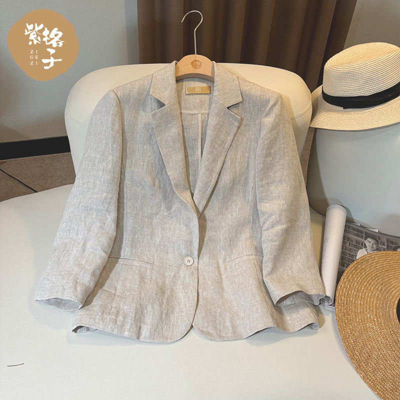 100% Linen Suit for Women, Spring and Summer New Style, Nine-Quarter Sleeves, Casual Small Suit, Sun Protection Top, Spring and Autumn Linen Jacket for Women