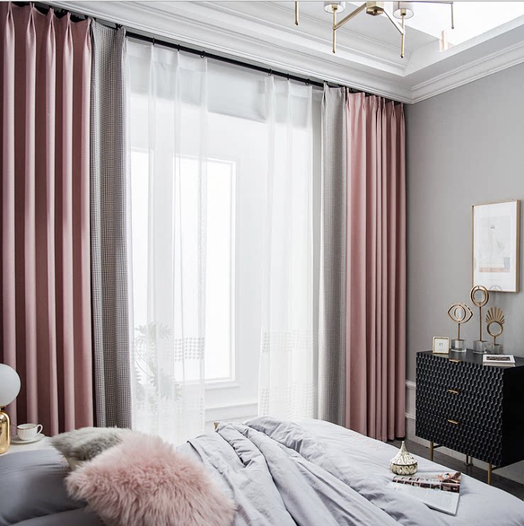 Nordic Pink Kilobird Lattice Splicing Living-room Bedroom Floating Window Finished Product Custom Shading Sunscreen Curtain fabric set to do