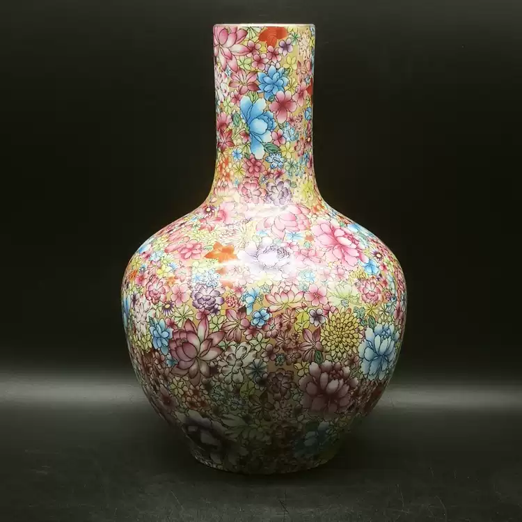 雍正年制粉彩万花天球瓶中式客厅博古架装饰瓷瓶景德镇斗彩收藏艺术品