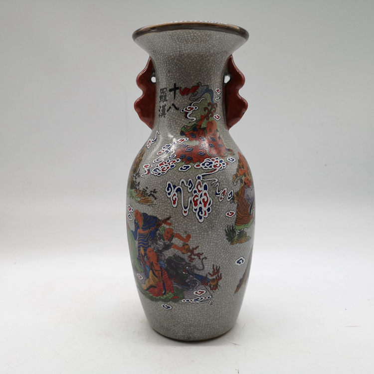 Clear Dry Lung Ice Crack Open Sheet Glazed Rohantou Double Ear Bottle Ancient Play Porcelain Home Xuanguan Decorative Swing