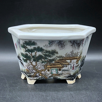Republic of China pastel landscape hexagonal flowerpot retro calamus succulent asparagus potted plant antique porcelain antique antique collection