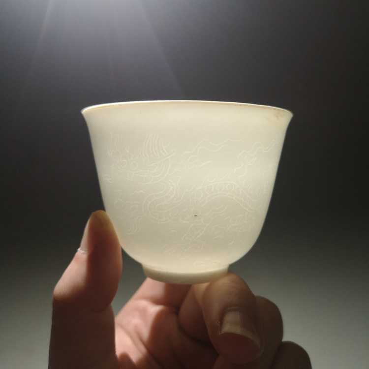 Mindai Sweet White Porcelain Engraving Double Longline Thin Tire Small Tianity Cup Hand Imitation Museum Antique Ancient Play Tea Set Hem