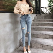 Quần 2018 mới thời trang Hàn Quốc cao eo thun thun jeans nữ chân retro Hồng Kông hương chín quần