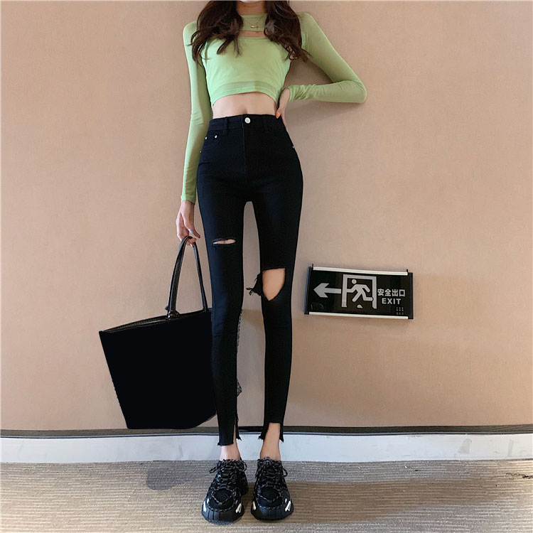 Breaking Hole Jeans Women's Summer New slim fit high waist open fork slim fit 100 lap smoke tube pants black tight fit long pants