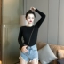 Áo sơ mi cộc tay nữ mùa thu mới phiên bản Hàn Quốc cổ điển retro cổ tròn Slim đáy eo cao tay dài sandal áo thun thủy triều Áo phông