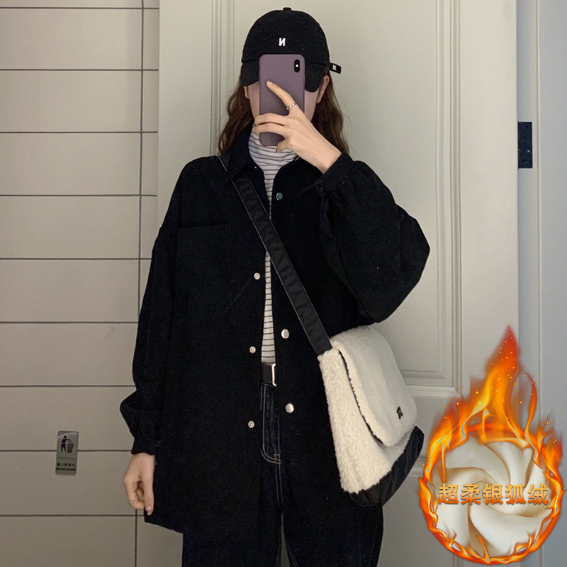 Fleece-Lined and Thickened Corduroy Shirt Jacket for Women, Autumn and Winter New Style 2023, Retro Hong Kong Style, High-End Shirt Top
