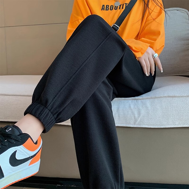 Plus-Size Waffle Knit Sweatpants for Women, Spring and Autumn Thin High-Waisted Slimming Jogger Pants, Petite Lantern Pants