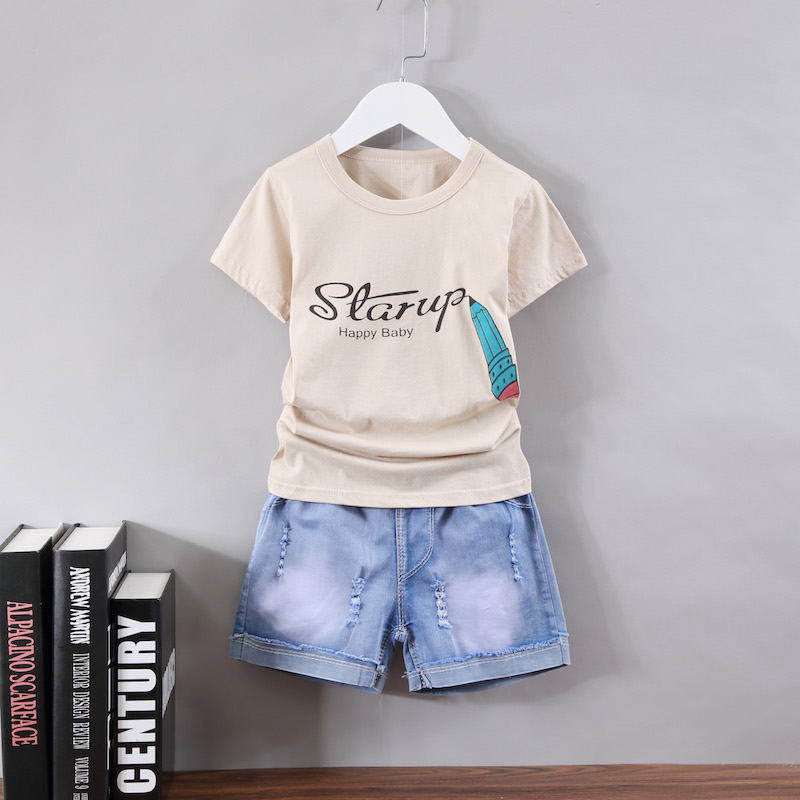 Cô gái mùa hè phù hợp với bông T-cổ đáy sinh ngắn tay trẻ em T-shirt trong hai mảnh quần short denim trẻ em lớn của.