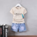 Cô gái mùa hè phù hợp với bông T-cổ đáy sinh ngắn tay trẻ em T-shirt trong hai mảnh quần short denim trẻ em lớn của. 