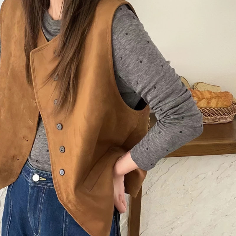 2025 Ethnic Style Brown Suede Vest Solid Color Layered Vest Jacket V-Neck