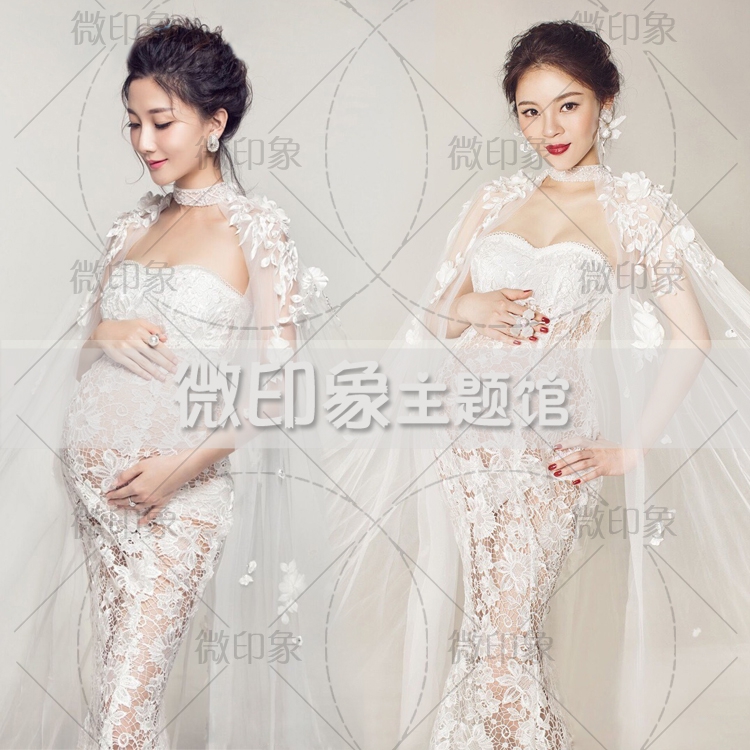 2018 New Pregnant Women Write Theme Clothing Personality of Big Belly Mommy Art Photo Camera Shoot Lace Dress