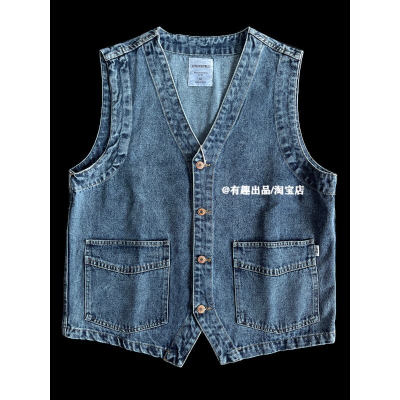New American-Style Washed Denim Loose Casual V-Neck Denim Vest for Men, Trendy Spring and Autumn Vest Jacket