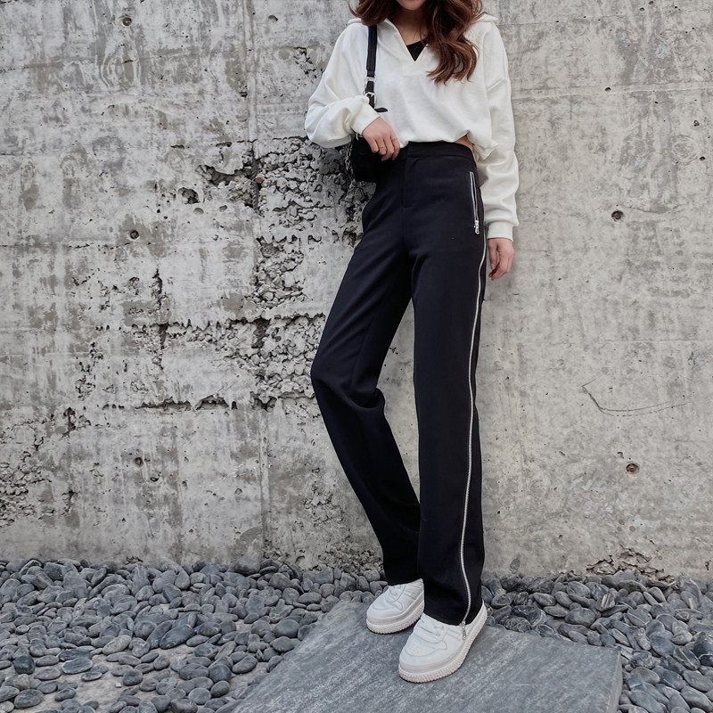 Black Cosmic Broadlegged Pants Woman Loose 100 lap pants High waist pituitary trendy black open fork long pants Western dress pants