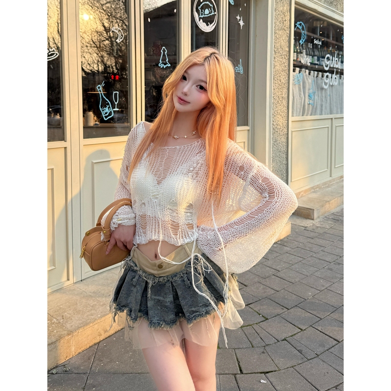2026 Summer Versatile Korean Style American Large Hole Hollow Out See-Through Loose Casual Distressed Knit Cover-Up 2026 Summer Versatile Korean Style American Large Hole Hollow Out See-Through Loose Casual Distressed Knit Cover-Up