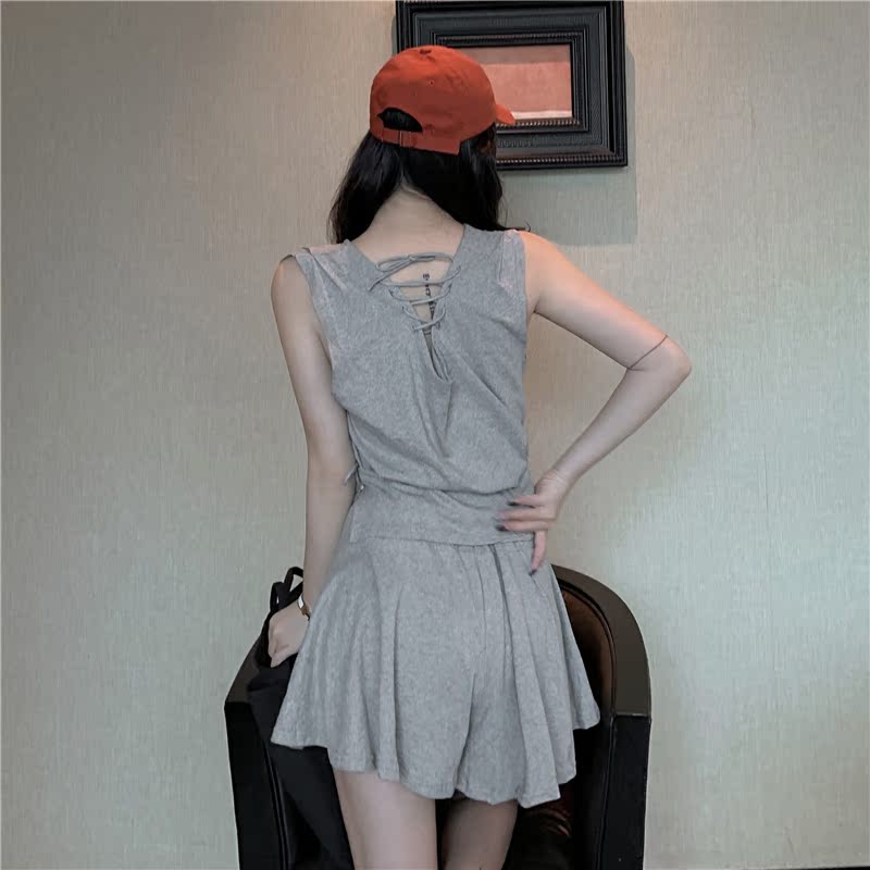 VK旗艦店 復古性感露背交叉綁帶套裝無袖裙裝