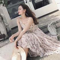 Seaside Holiday Suspenders floral dress fairy fan summer 2021 New thin temperament chiffon long beach skirt