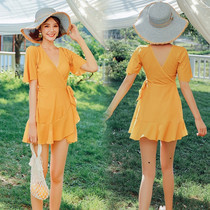 Swimwear womens half-sleeve pure yellow gathering one-piece skirt high waist covering belly thin Conservative large size hot spring swimsuit