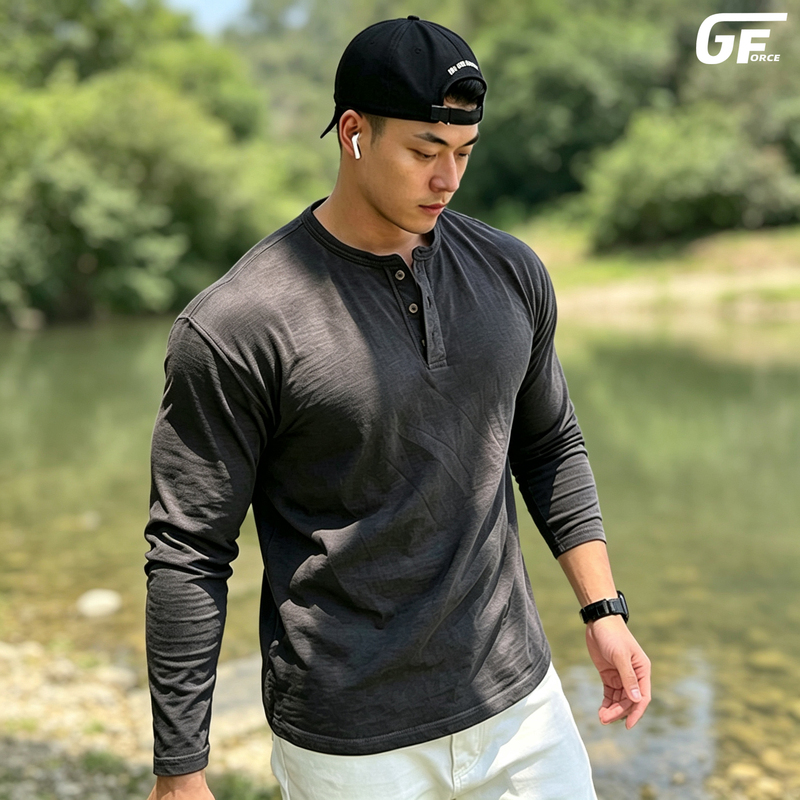 【Retro New Release】American Style Muscle-Enhancing Men's Sports T-Shirt, Tough Guy Fitness Textured Long-Sleeve Bamboo Cotton Henley Shirt 【Retro New Release】American Style Muscle-Enhancing Men's Sports T-Shirt, Tough Guy Fitness Textured Long-Sleeve Bamboo Cotton Henley Shirt