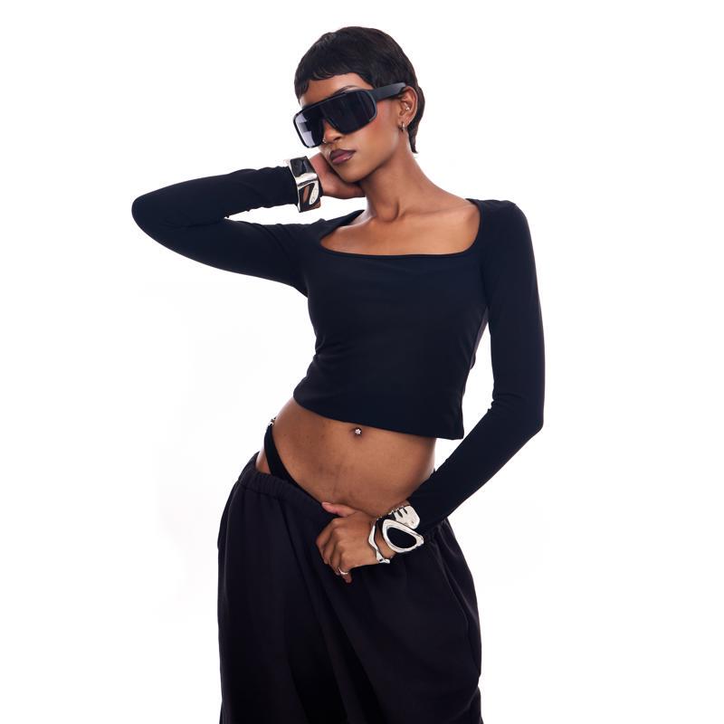 Sais(Saianzi) Square Neck Slim Fit Long Sleeve Base Layer Knitted Basic T-Shirt