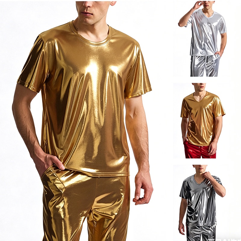 Silver Gold-Embossed Glossy Round-Neck Men's Short-Sleeve T-Shirt, Disco Performance Costume, Dance Group Plus-Size Top Silver Gold-Embossed Glossy Round-Neck Men's Short-Sleeve T-Shirt, Disco Performance Costume, Dance Group Plus-Size Top